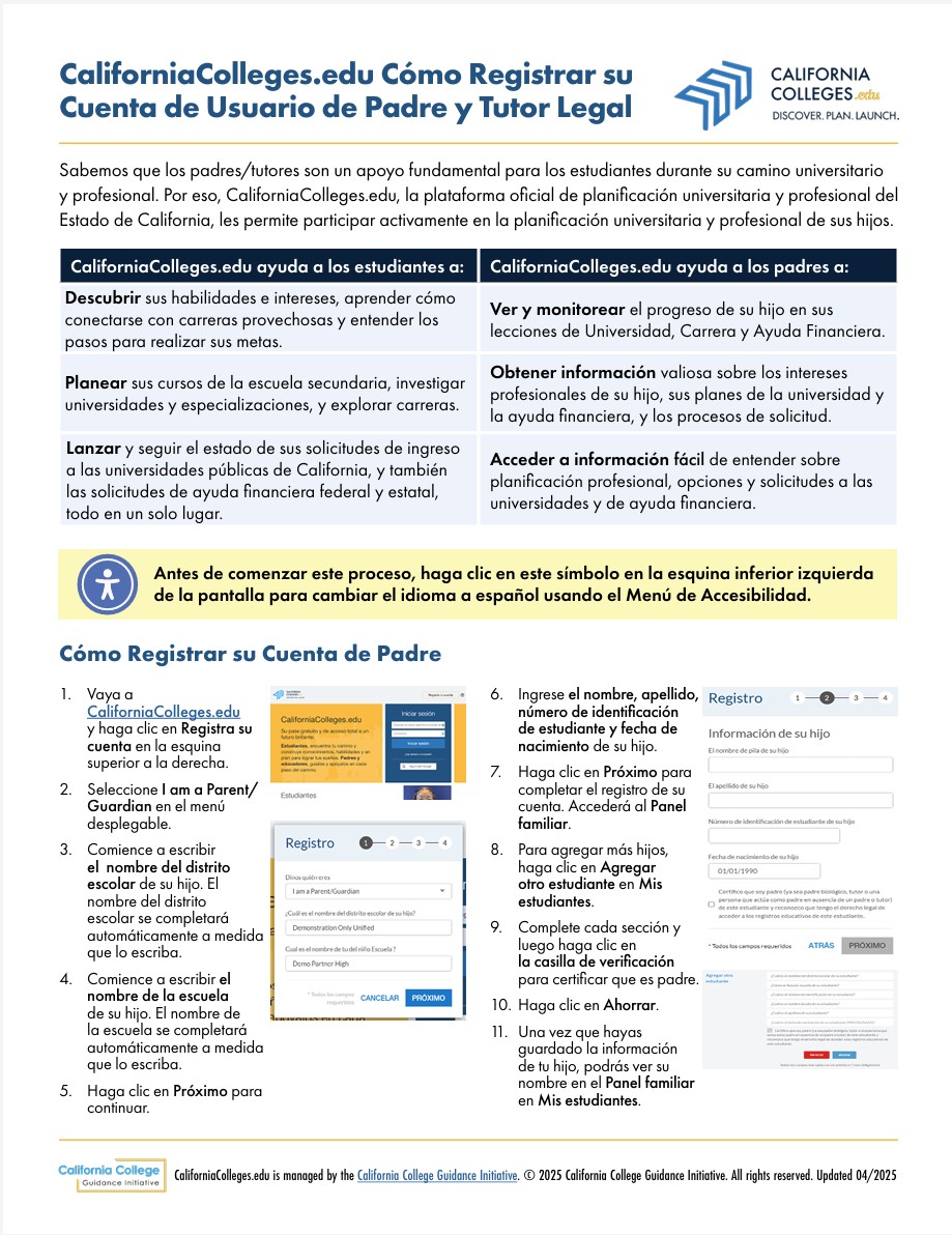 CaliforniaColleges.edu Overview for Parents Spanish thumbnail